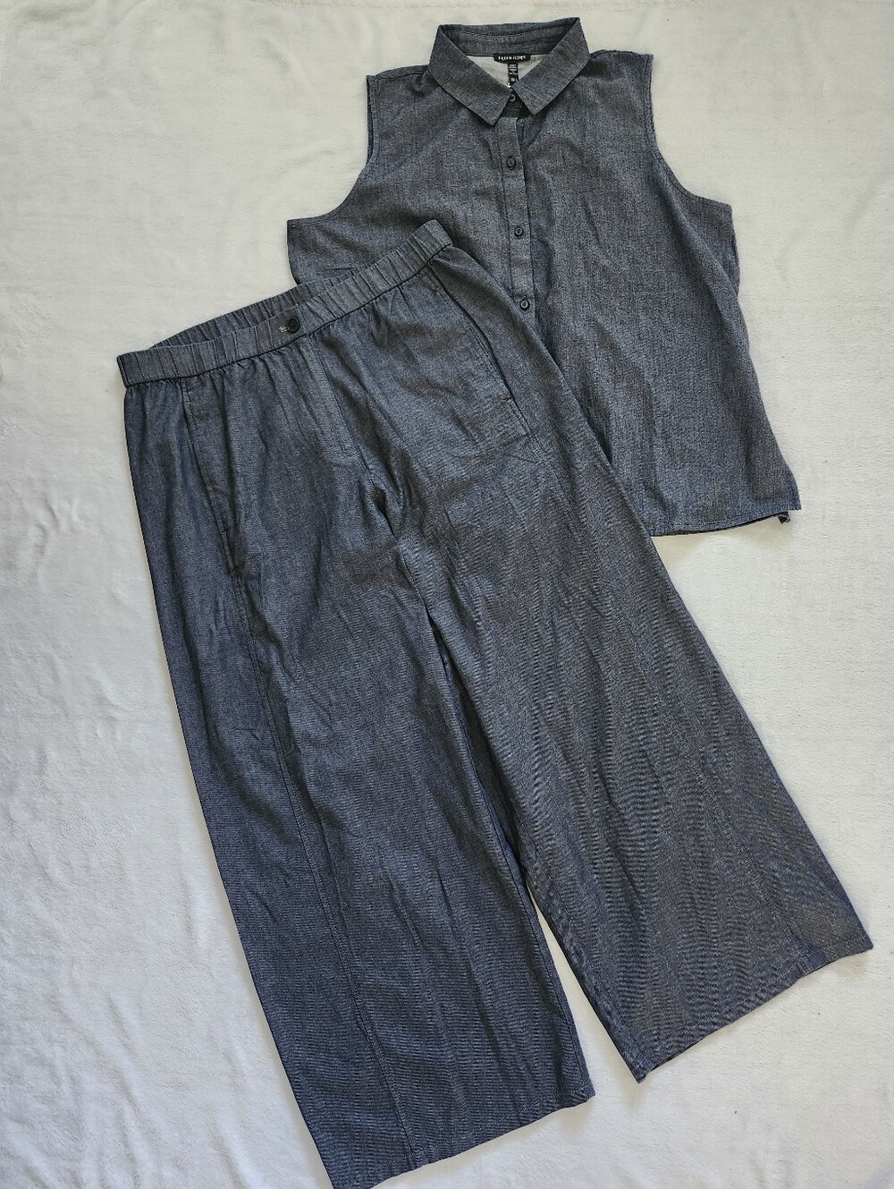 EILEEN FISHER 2-Piece Set Large Denim Wide Leg Ankle Pants Sleeveless Shirt NWT